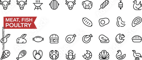 Collection Of Meat Fish Poultry And Food Icons With Red Banner vector illustration