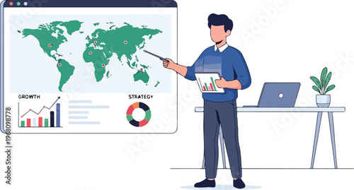 Business growth strategy presentation with world map and data analysis on screen