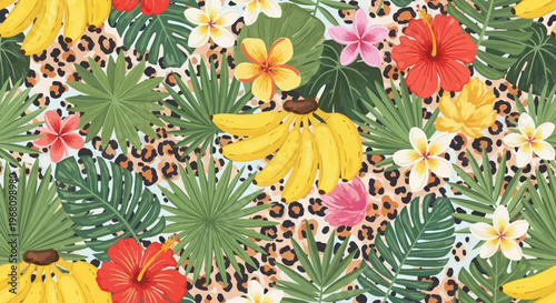 Tropical floral pattern with colorful blooms.