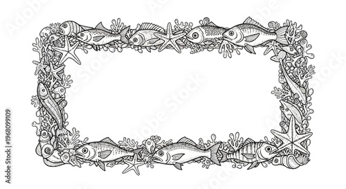 Fish sea creatures decorative border frame.