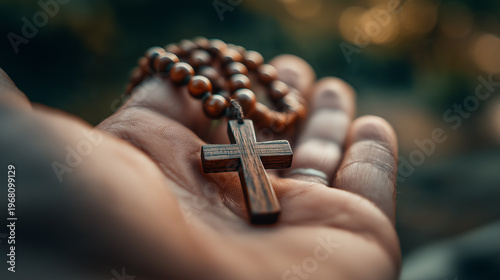 Wooden cross with rosary beads resting in open hand, close up of prayer and faith, symbol of Christianity, devotion and spirituality