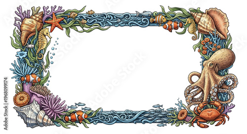 Colorful Ocean Creatures Border Frame.