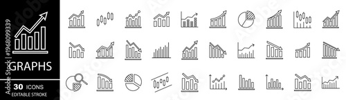 Graphs set  icons . Business infographic, growth, charts, statistics,  growing bar graph. Charts and diagram icons for web and mobile app. Vector illustration