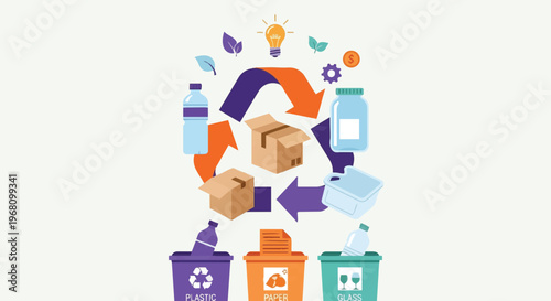 Recycling symbol with cardboard boxes.