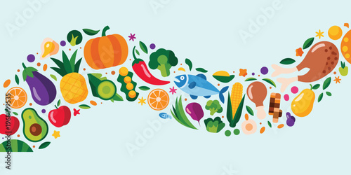Diverse assortment of fresh fruits vegetables fish and cooked food items forming a wavy pattern Keywords: food, fruit, vegetable