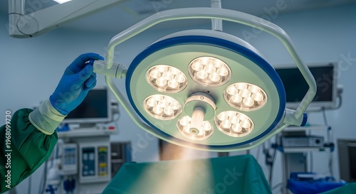Operating room surgical light with gloved hand in medical facility