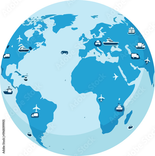 Global shipping and logistics network illustrating worldwide transportation of goods via air, sea, and land