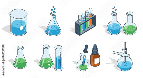 Illustration of various laboratory glassware and equipment for scientific research and experiments