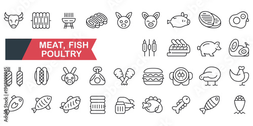 Diverse Line Art Icons Representing Meat Fish and Poultry Products food