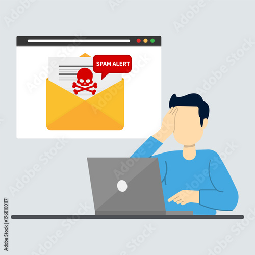 Worried man looking at laptop spam alert. Suitable for cybersecurity, internet security, data breach, computer virus concepts in business.