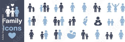 Family Icons Collection Diverse Family Members and Relationships in Blue Tones people figures
