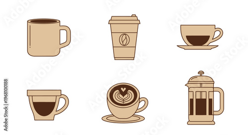 A collection of brown coffee objects including mugs, takeaway cups, latte art, and a French press, vector illustration on a light background