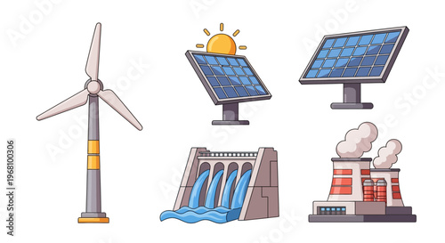 Set of eco-friendly renewable energy icons including wind turbines solar panels dams and power plants