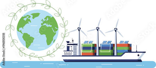 Eco-friendly cargo ship with wind turbines and solar panels on a globe background symbolizing global trade and sustainability