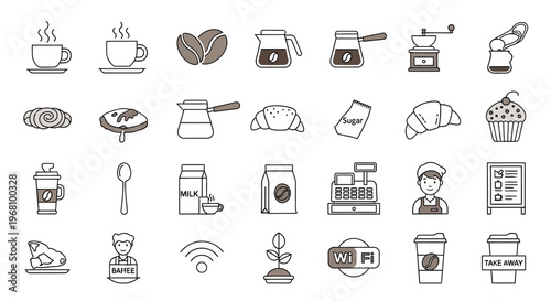 Extensive collection of outline icons for coffee, cafe, and breakfast items on a light beige background.