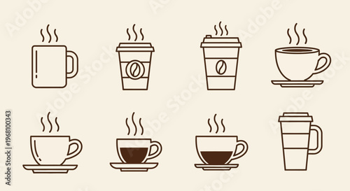 Assortment of Brown Toned Coffee Cups, Takeaway Mugs, and Alert Icon