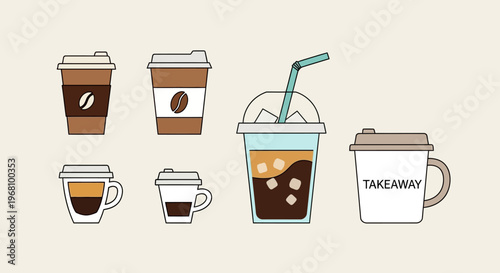 Diverse collection of hot and cold takeaway coffee and drink cups in a modern flat design on a light beige background.