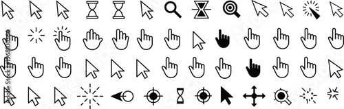 Extensive collection of cursor and pointer icons in black and white on white background Keywords: cursor, pointer, mouse, click