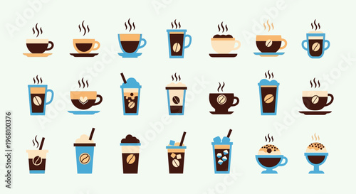 Diverse Collection of Hot and Cold Coffee and Tea Beverages in Colorful Cups and Glasses