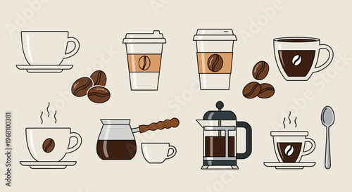 Assortment of Coffee Cups, Beans, and Brewing Equipment Icons