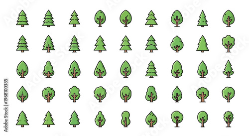 Collection of stylized tree illustrations showcasing diverse arboreal design variations for