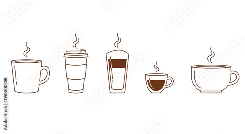 Line Art Illustrations of Different Coffee Cups and Serving Styles