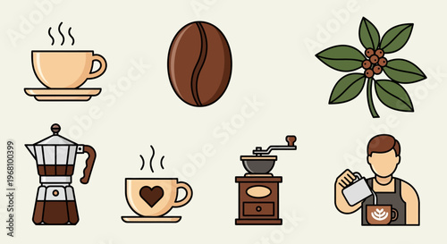 Coffee elements illustration with steaming cup, bean, moka pot, grinder, and barista on a light beige background.