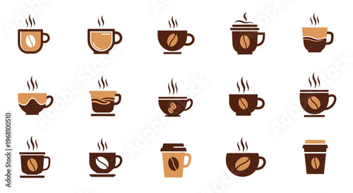 Grid of Diverse Monochrome Coffee Cup Icons in Light Beige Studio Background