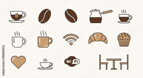 Complete Cafe and Coffee Shop Experience Icons Set in Light Beige Studio Background