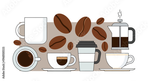 Assorted Coffee Cups, French Press, and Beans in Light Gray Studio Background