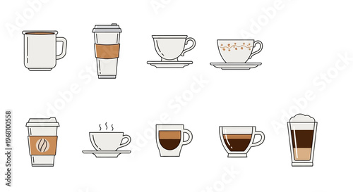 Collection of Various Coffee Cups and Mugs Isolated White Background