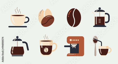 Minimalist Icons of Coffee Cups, Beans, and Essential Brewing Equipment