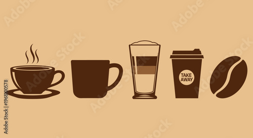Coffee Cups and Beans Icons in Warm Brown Studio Background