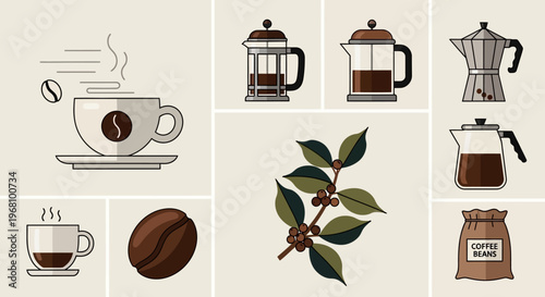 Collection of Coffee Brewing Equipment and Drinks with Coffee Plant and Beans in a Warm Studio Background