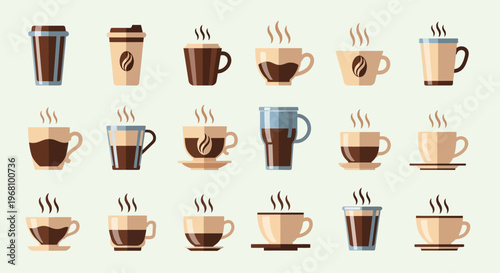 Extensive grid of modern coffee cups, mugs, glasses, and takeaway cups in various styles and colors, some steaming or featuring coffee bean designs, presented in a bright studio background.