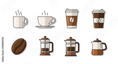 Collection of coffee icons featuring a steaming cup, fresh beans, takeaway cups, and brewing equipment like French press and Moka pot in a bright studio background.