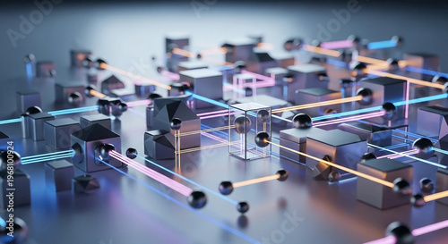 Ultra Realistic Technology Abstract with Interconnected Metallic Nodes and Glowing Data Lines – 8K High-Detail Corporate Background