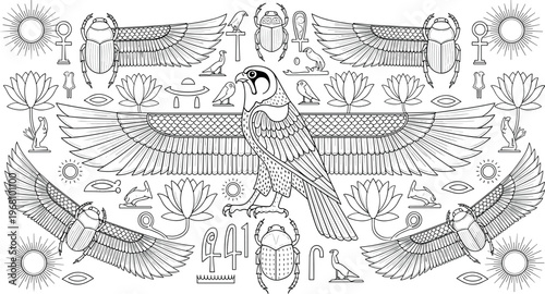 Hand-Drawn Egyptian Symbol and Falcon Illustration Set with Wings, Scarabs, Sun, Eye of Horus, and Lotus for Ancient Culture Designs