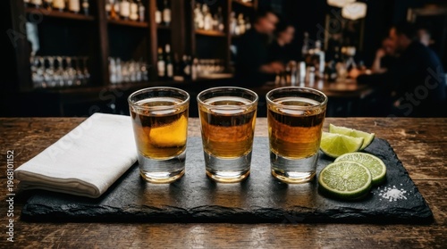 Three amber liquor shots in clear glasses on a slate board with limes at a bar