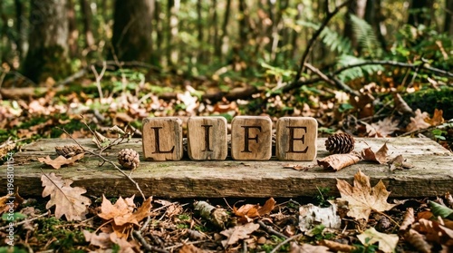 The word LIFE spelled with natural organic wooden letter tiles scattered on a forest floor amidst autumn leaves