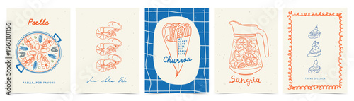 Spanish food illustration posters set. Trendy whimsical hand drawn paella, sangria, churros and tapas. Mediterranean cuisine menu design templates in minimalist doodle line art style