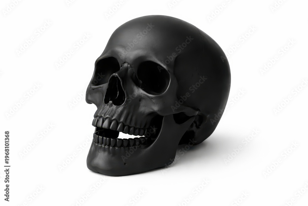 Obraz premium matte black resin human skull sculpture design finish contemporary decor isolated white background