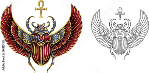 Hand-Drawn Egyptian Scarab Beetle Illustration Set with Ankh Symbol and Wings for Ancient Culture and Spiritual Art Concepts