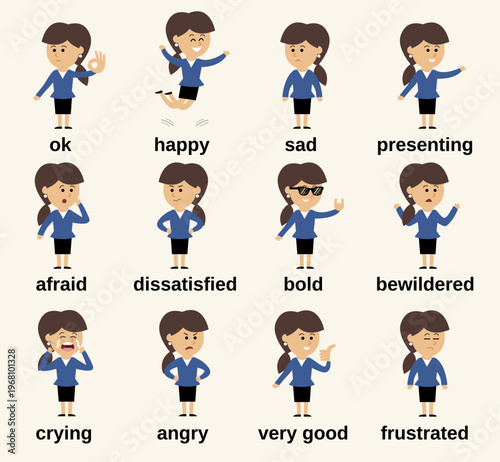 Businesswoman Character Set with Various Emotions Expressions and Poses Cartoon Vector Illustration
Businesswoman Emotion Set Vector
Cartoon Woman Expressions Vector