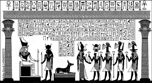 Hand-Drawn Egyptian Hieroglyphs and Deities Illustration Set with Pharaoh, Gods, and Hieroglyphic Writing for Ancient Culture Designs