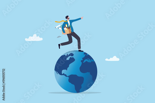 Relocation, moving to new office oversea, international company or change career to new country, job transformation or world opportunity, businessman employee moving to new country on global office.