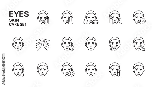 Eyes skin care set with facial routine steps showing massage application of cream and treatment pads.