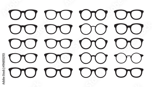 Set of black glasses vector flat icons collection isolated on white background stock illustration.