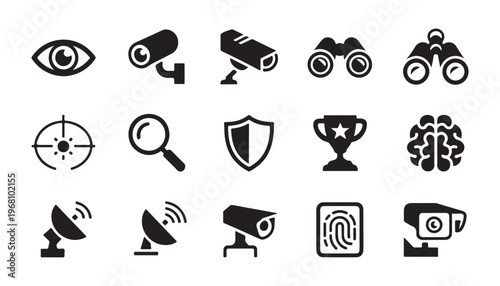 Set of eye view and surveillance icons collection isolated on white background stock vector.