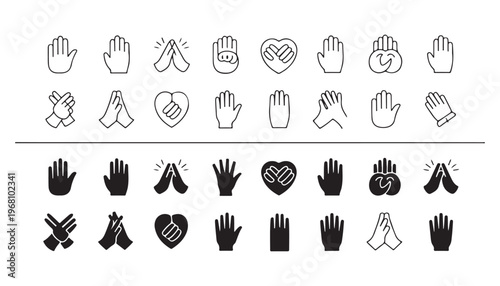 Hand gesture icons set hands showing emotion and communication love support prayer clapping greeting connection unity respect.